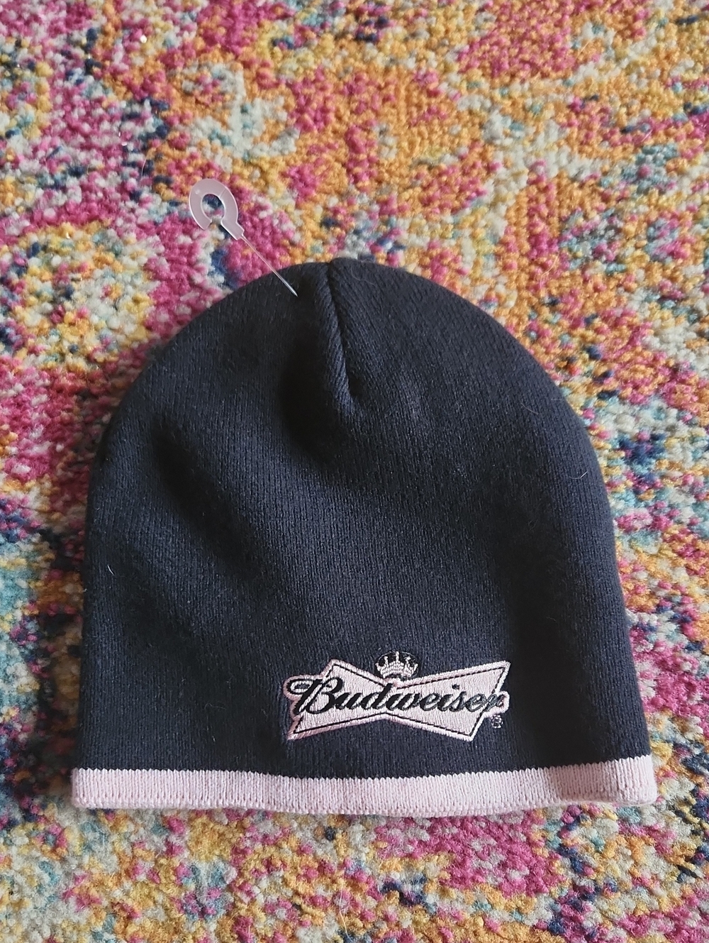 Budweiser Dark Blue Knit Beanie with Pink Trim